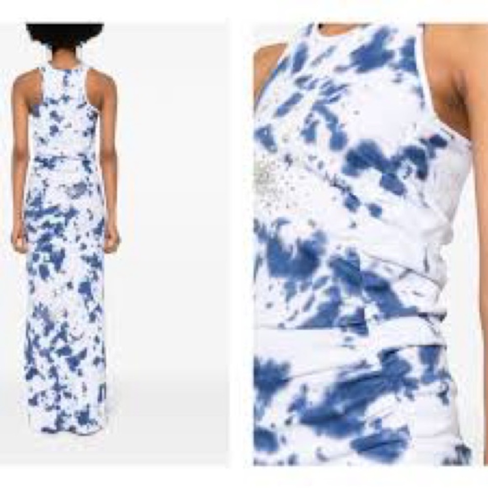 Des Phemmes Blue White Tie-Dye ruched maxi dress rhinestone encrusted